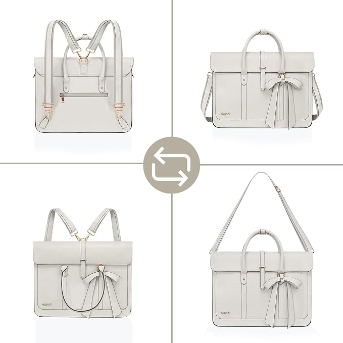 MOSISO Laptop Bag for Women, 15-15.6 inch PU Leather Laptop Shoulder Bags Convertible Backpack, 16 inch Messenger Bags Casual Handbag Work Briefcase Travel Computer Bag with Bowknot, Beige