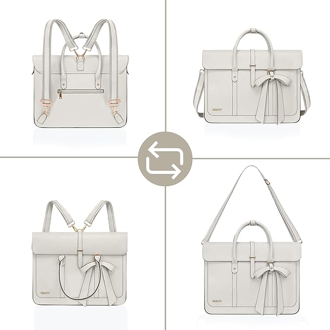 MOSISO Laptop Bag for Women, 13-14 inch PU Leather Laptop Shoulder Bags Convertible Backpack, 13.3 inch Messenger Bags Casual Handbag Work Briefcase Travel Computer Bag with Bowknot, Beige
