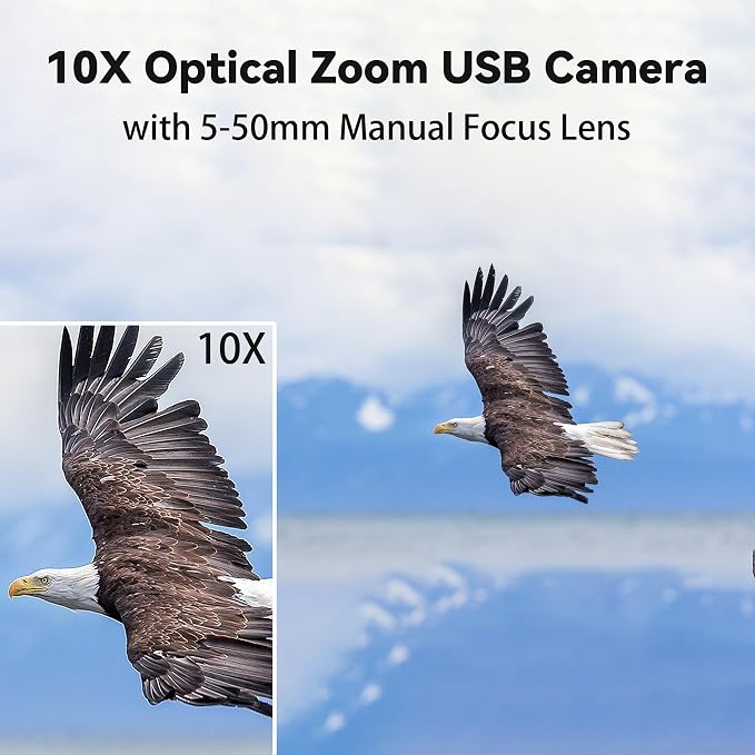 MMlove USB Camera 5MP HD Webcam 5-50mm Manual 10X Varifocus Zoom Lens Lightburn Camera with CMOS OV5640 Sensor for Skype/Zoom/FaceTime/Hangouts,PC/Laptop/Raspberry Pi Free Driver UVC