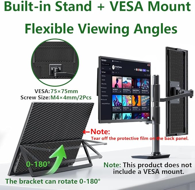 14" Touchscreen Portable Monitor, 16:10 1920×1200 IPS HDR Vertical Monitor, VESA Compatible USB-C Second Screen for Laptop Mac Pc Android (No Touch for iPhone/iPad/Consoles)