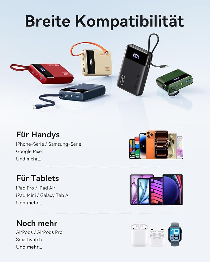 INIU 20000mAh Power Bank, Small 45W PD Fast Charging Portable Charger with Built-in USB C Cable, Flight-Safe Travel External Phone Battery Pack for iPhone 17 Pro Max Samsung S26 iPad etc, White