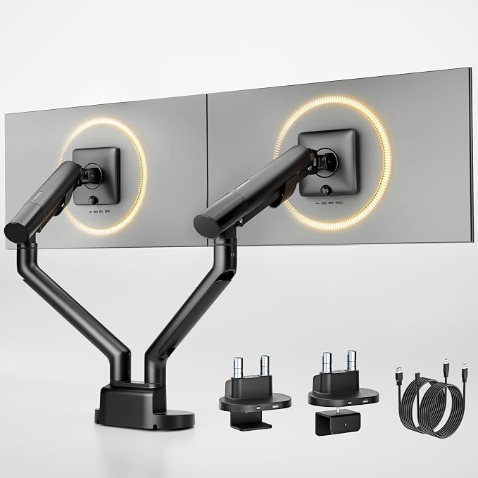 monTEK Dual Monitor Stand Mount with USB Up to 35" Screens, Each Arm Holds Max 24.3 lbs, Full Motion Adjustable Monitor Arm Desk Mount with C-Clamp/Grommet,VESA 75/100mm