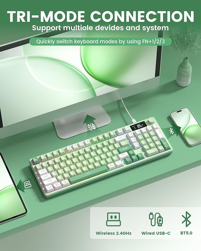 Keymatic Gaming Keyboard Wireless Creamy Keyboard with Media Knob & Screen Cute Keyboard Mechanical Feeling Membrane Keyboard with Number Pad RGB Backlit Tri-Mode BT/2.4GHz/USB-C - Green