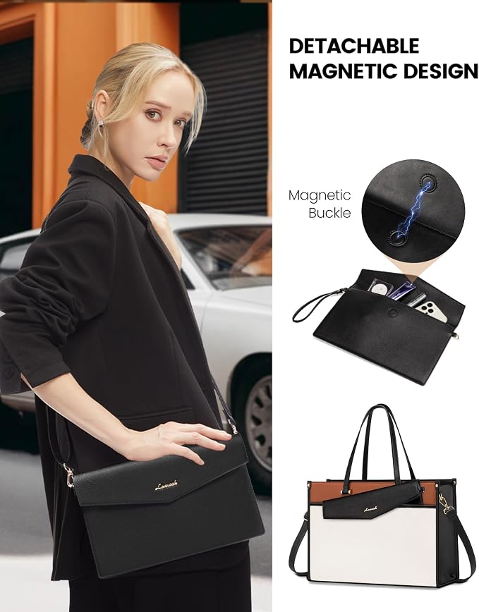 LOVEVOOK Laptop Bag for Women, 17.3'' Laptop Tote Purse 2-in-1 Professional Work Bag Business Briefcase with Clutch Purse, Waterproof Leather Computer Handbag for Teacher Office Travel