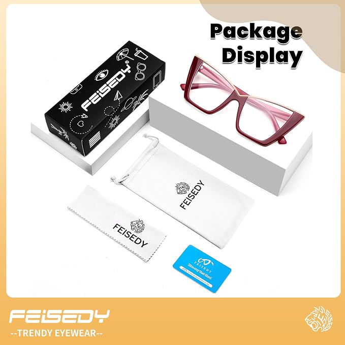 FEISEDY Fashion Cat Eye Blue Light Blocking Glasses for Women Fake Retro Eyeglasses Oversized Stylish Eyewear Frame B0240
