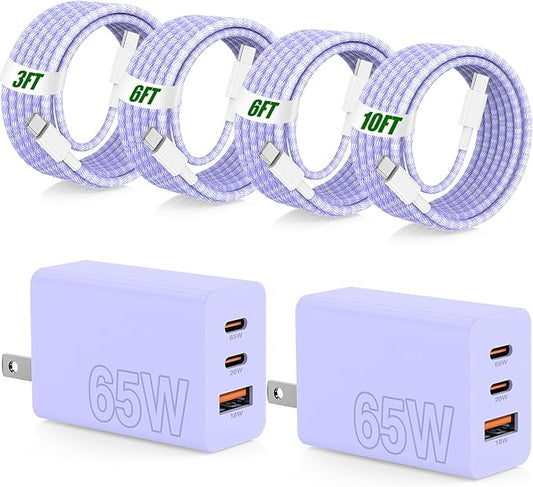 65W Super Fast Charging USB C for iPhone 17 16 Pro Max,3 Port 100W USB C Charger Block & 3/6/6/10FT Braided Type C Cord for iPhone 17 16 Pro,iPhone 15 Pro Max,for Samsung S26 Ultra/MacBook Air-Purple