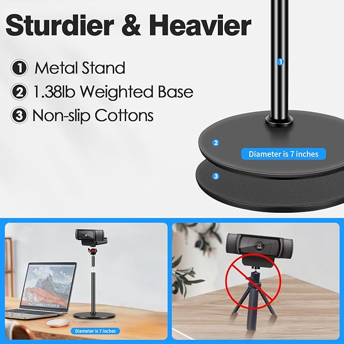 Webcam Tripod Stand for Desk: Webcam Stand for Logitech Brio | C920 | C922 | C615 | C930e - Height & Angle Adjustable Desktop Tripod for Light & 1/4" Thread for Live Streaming | Video Calling