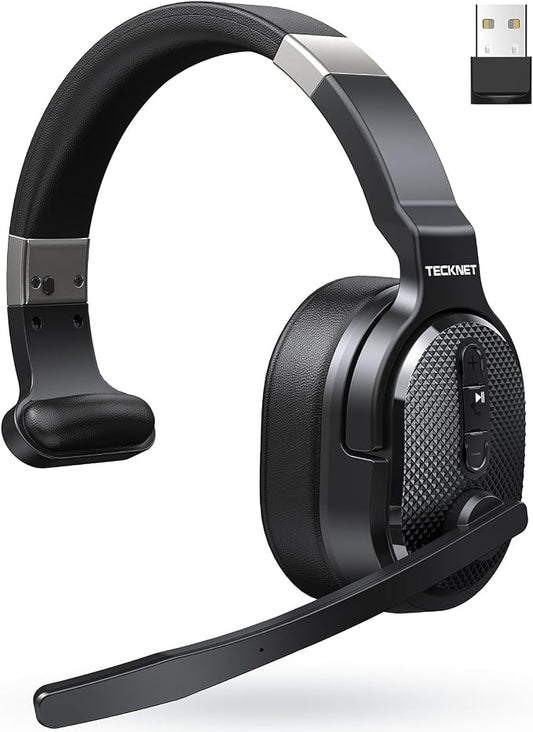 TECKNET Trucker Bluetooth Headset, Stable V5.2 & USB Dongle Connection, 70h Wireless Bluetooth Headsets with Mic and Mute, ENC Noise Canceling, Headset for Truck Drivers, Cell Phone, PC Comfort Office