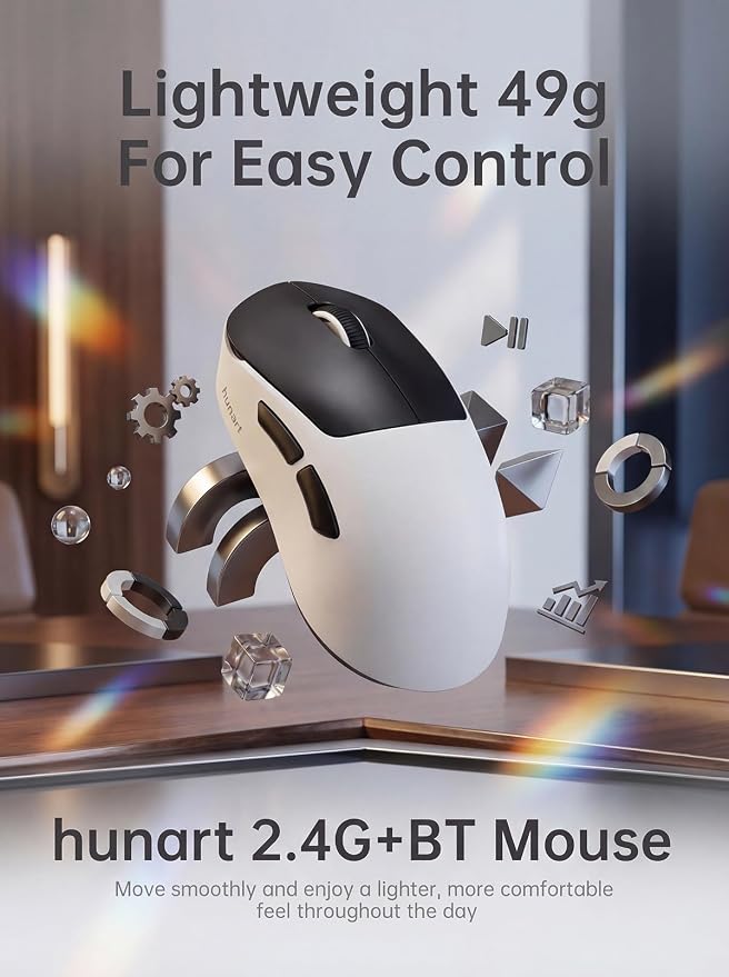 hunart H6 49g Wireless Mouse, Bluetooth & 2.4GHz Rechargeable Mouse, Lightweight Silent Ergonomic Mouse with USB-C Charging, Portable Right-Hand Office Mouse for Laptop, PC, Mac (Black and White)
