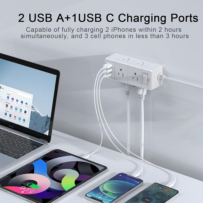 10Ft Extension Cord Flat Plug Power Strip - Tcstei 3-Side Outlet Extender with 6 AC Outlets and 3 USB Ports (1 USB C), Compact for Home, Office, Dorm Room Essentials, White