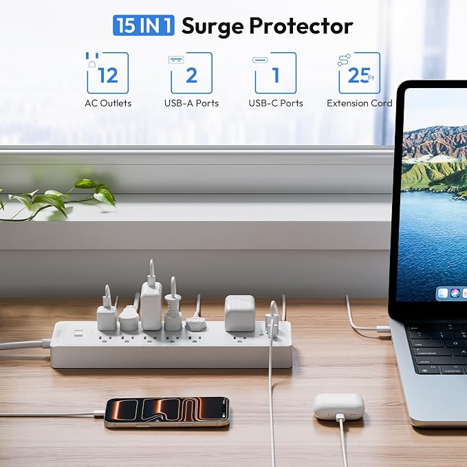 15 ft Extension Cord Flat Plug Power Strip, NTONPOWER 2100 Joules with 12 Outlet 3 USB Port, 1875W/15A, Overload Protection, Long Cord Wall Mountable for Home Office Accessories, White