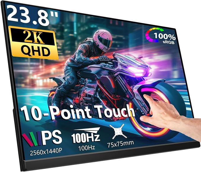 Prechen 23.8 Inch 2K 100Hz Large Portable Touchscreen Monitor 100% sRGB IPS Portable Touch Display QHD w/90° Adjustable Stand USB-C HDMI Laptop Monitor Desktop 2560X1440