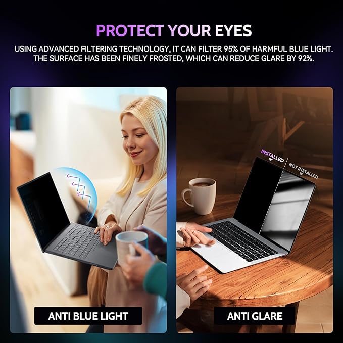 Peslv 360° 4 Way Laptop Privacy Screen for 13.3 Inch 16:9 Aspect Ratio Computer Monitor, Anti Glare Blue Light Spy Filter Private Cover, Bubble-Free Black Security Protector