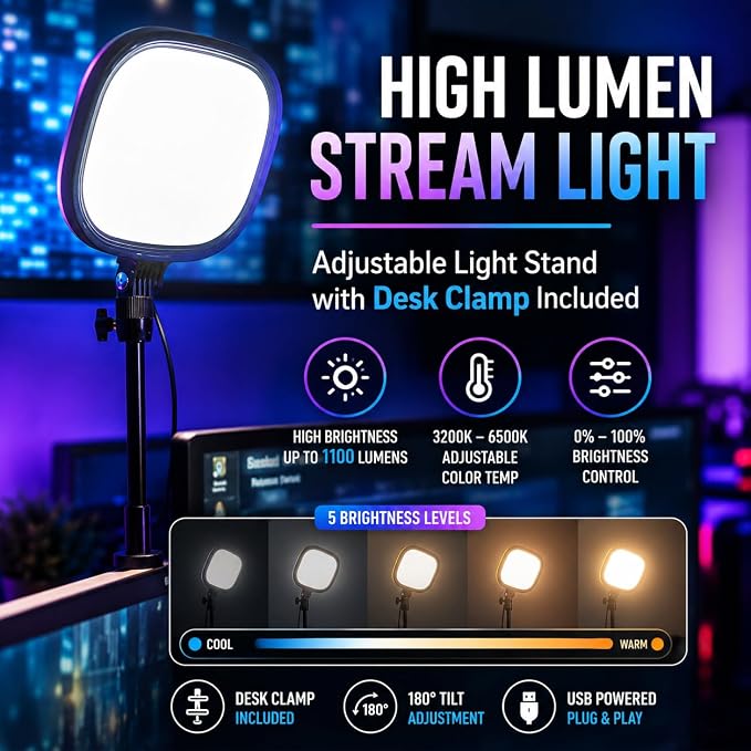 Live Video Streaming Kit (Deluxe)-for Video Call, Gaming, Podcast, YouTube, Content Creation- Includes 2k 60 FPS Webcam, Professional Cardioid Microphone, and LED Flat Light for Android/MAC/Windows