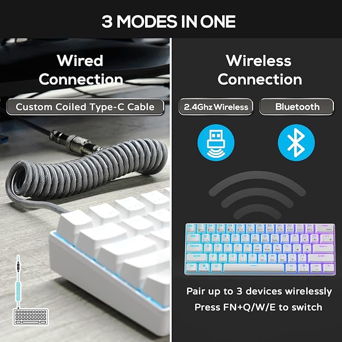 RK ROYAL KLUDGE RK61 60% Mechanical Keyboard with Coiled Cable, 2.4Ghz/Bluetooth/Wired, Bluetooth 61 Keys, Wireless RGB Hot Swappable Brown Switch Gaming Mini Keyboard with Software - White