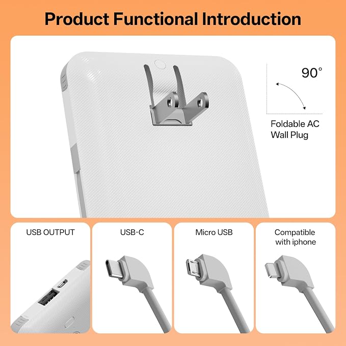Portable Charger with Built-in Cables and AC Wall Plug, USB C External Battery Pack, 10000mAh Travel Essentials Power Bank Compatible with iPhone17/16/15/14/13, Samsung Galaxy, Pixel,Tablet and More