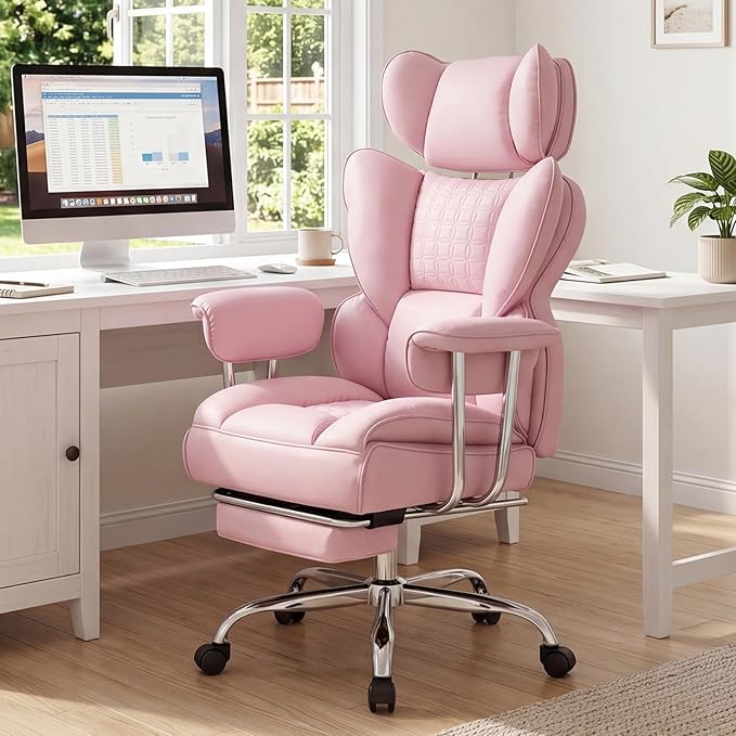 DUMOS Big and Tall Office Chair 350 LBS, Scratch-Resistant PU Leather Executive Office Desk Chair with Footrest, Ergonomic Reclining Computer Chair with Pocket Spring Support for Home Office, Pink