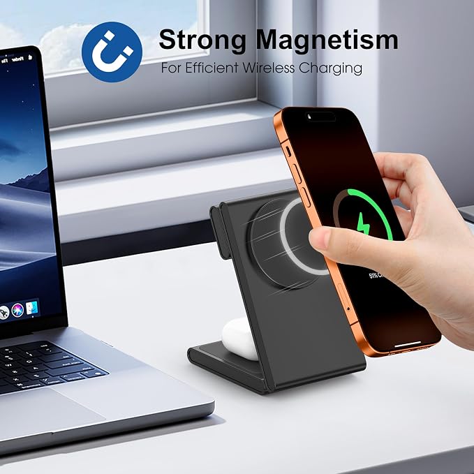 New Travel Foldable 3 in 1 Wireless Charging Station for Apple Magsafe Charger Stand,Fast Magnetic Wireless Charger Station for iPhone 17 Air 16 15 14 13 12 Series,Airpods Pro,Apple Watch Ultra-Black