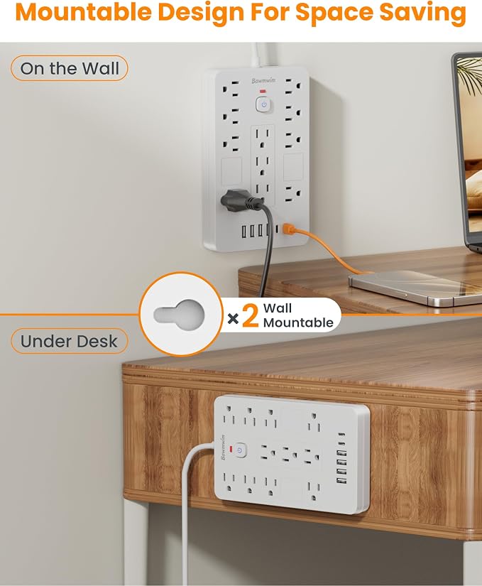 Surge Protector Power Strip - 11 Outlets(1850W/15A/14AWG) with 6 USB Ports(2 USB C), 10FT Flat Plug Extension Cord, Wall Mount, White, ETL Listed for Home, Dorm Room