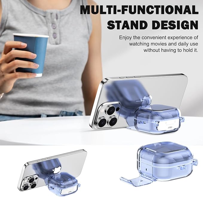 CameCosy Transparent case Compatible for Samsung Galaxy Buds 4/Buds 4 Pro 2026 with Lock Buckle & Phone Stand Function, TPU Shockproof Anti-Scratch Cover with Carabiner for Women Men, Clear Blue