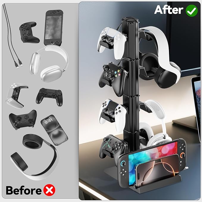 Gaming Headset & Controller Holder Stand for Gamer Gift, Game Headphone Desk Organizer Storage with Cable Hook for Xbox/ PS5/ PS4/ Controller, Nintendo Switch 1/ 2/ PS Portal for Nintendo 64 Consoles