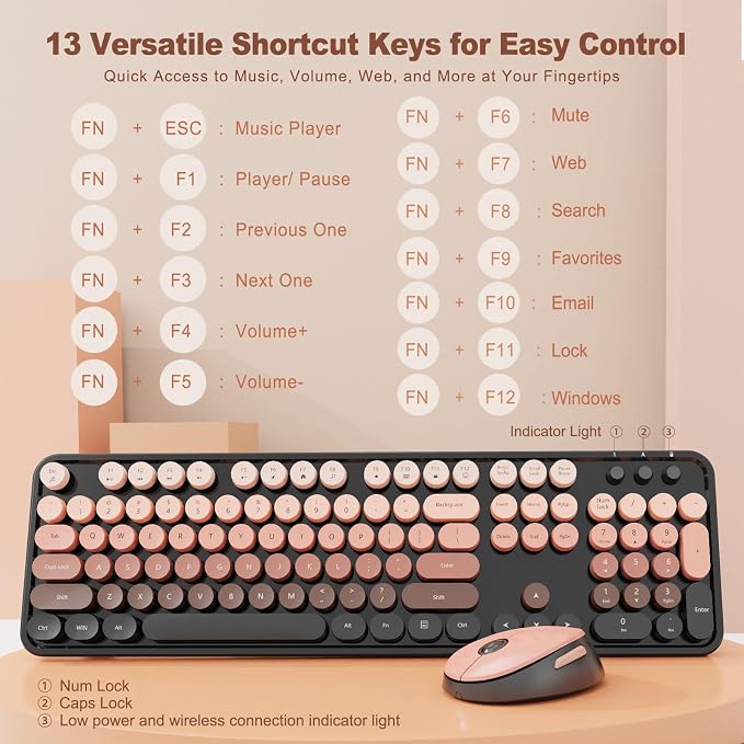 Nowlike Wireless Keyboard and Mouse Combo, Retro Typewriter Keyboard with Round Keycaps, Full-Size Ergonomic, Aurora Red, Ideal for Windows PC, Home, Office, and College