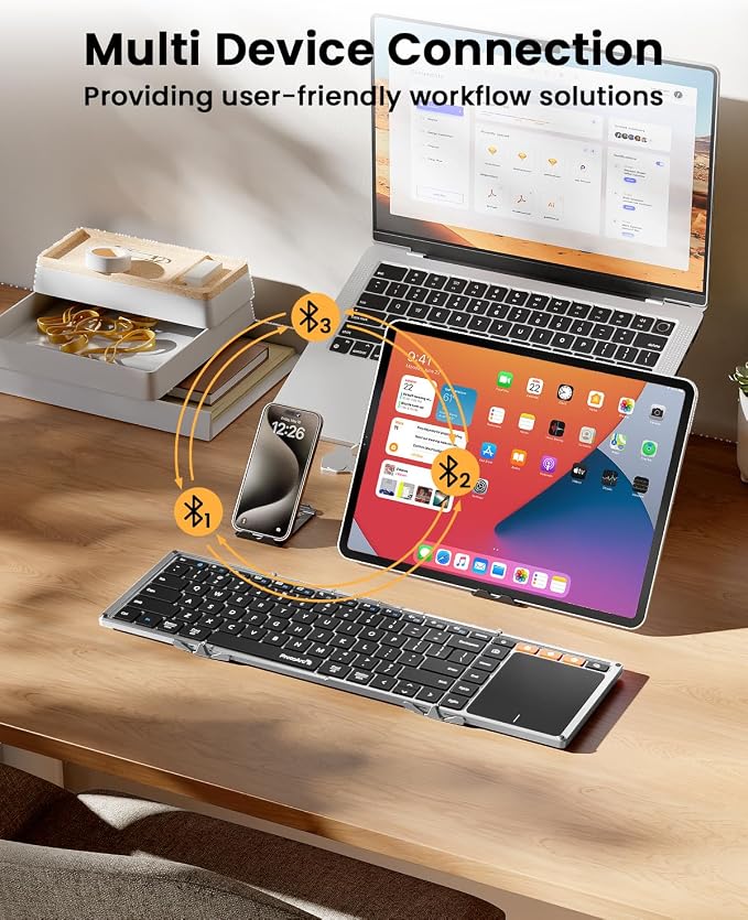 ProtoArc Foldable Keyboard with Touchpad, XK01 TP Folding Portable Keyboard, Full Size Keys, Large Trackpad Bluetooth Travel Keyboards for Laptop PC Tablet - Silver