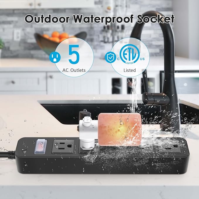 Outdoor Power Strip Waterproof with 5 Outlets, Garden Weatherproof Surge Protector, Christmas Multiple Outlet Exterior Socket for Lighting Appliances. 25FT Extension Cord Strip with Flat Plug. Black