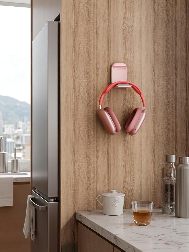 MAMUVIMO Headphone Stand, Headset Stand Foldable ＆ Sticky, Headphone Holder Hook Mount with Non-Slip Silicone, Adhesive Earphone Desk Hanger Clip Space-Saving for Airpods Max, All Earphones- Pink