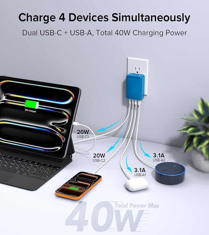 2Pack Flat USB C Charger Block, 40W 4-Port Fast Charger 20W Type C Charging Block 3.1A USB Wall Charger Dual Port PD+QC Charging Cube for iPhone 16 15 14 13 12 Pro Max XS, iPad,Samsung,（Light Blue ）
