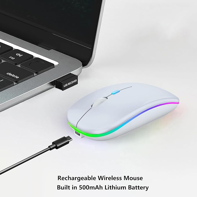 WREANU Wireless Bluetooth Mouse Rechargeable Laptop Mice with LED Lights Silent Slim Use(BT5.2 & USB 2.4G Portable Receiver) Dual Mode Computer Mouse for Laptop/iPad/Tablet/Apple/Computer/Mac(White)