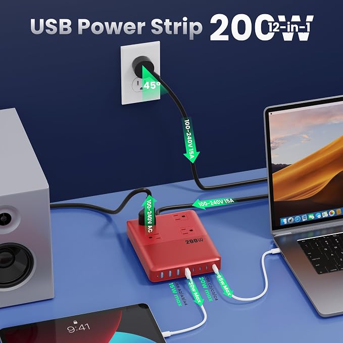 200W Charging Station,12-in-1 USB C Power Strip with Flat Plug and 5ft Extension Cord,4 AC Outlets,4 USB-A,4 USB-C Ports for iPhone 17/16/15,65W Fast Laptop Charger for MacBook,Home,Office(Vermilion)
