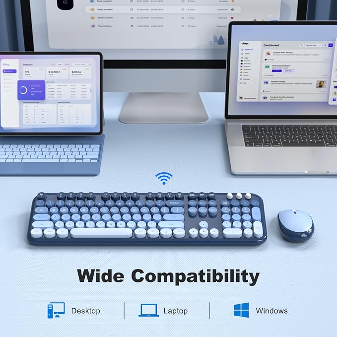MOFII Wireless Keyboard and Mouse Combo, 2.4GHz Retro Typewriter Keyboard Full Size, Quiet Click Mouse, USB Receiver Plug and Play, for PC, Laptop, Desktop, Windows (Sea Blue Gradient)