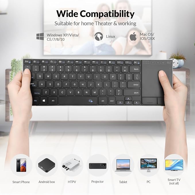 Rii 2.4G Wireless Keyboard,Bluetooth Keyboard(BT 5.1+2.4G),Aluminium Alloy Portable with Touchpad for Computer,PC,Tablet,iPad,Android TV Box,Smart TV,Windows,Mac (Black)