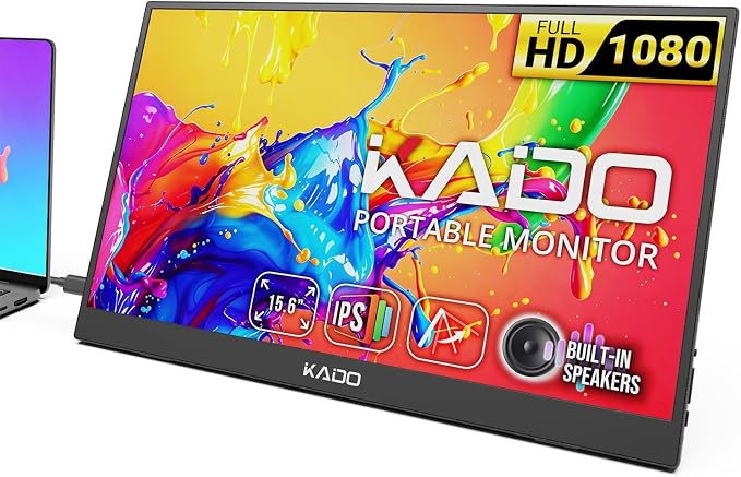 Kado Portable Monitor for Laptop, 15.6" IPS 1920x1080 HDMI Dual USB Type-C Laptop Screen Extender Second Display Kickstand Built-in Speakers for PC, Mac, Tablet, Xbox, PS4/PS5 and Switch