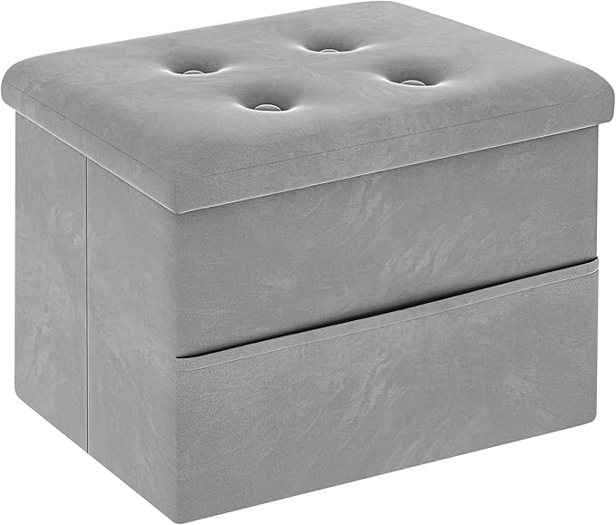 ZOES HOMEWARE Small Storage Ottoman Foot Rest, Velvet Ottoman with Storage and Side Pocket, Pink Foot Rest for Couch, Foldable Footstool Ottoman for Chair,Living Room&Dorm, 16"x12"x12" Grey