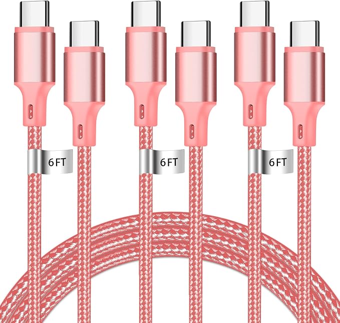USB C to USB C Charger Cable, 3Pack 6FT Type C Fast Charging Cord Compatible for iPhone 15/16/17/Pro/Max/Plus, iPad Pro Air Ps5 Controller Samsung Galaxy - Pink