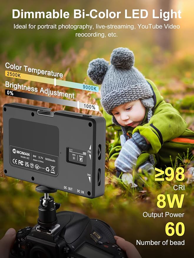 LED Video Light, Moman Camera Light for Photography, Portable 5000mAh Video Recording Lights with Cold Shoe, Mini Light CRI 98+ Dimmable 2500-9000K Video Lighting, On-Camera-LED-Video-Light