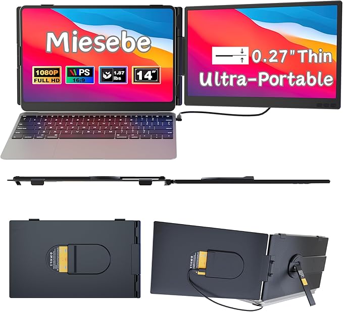 Laptop Screen Extender 14", Ultra Thin 0.27'' FHD 1080P Portable Monitor for Laptop 13-17.3", Plug n Play Extra Monitor Extender, Eye Care Second Screen for MacBook/Windows/Android/Switch/PS5