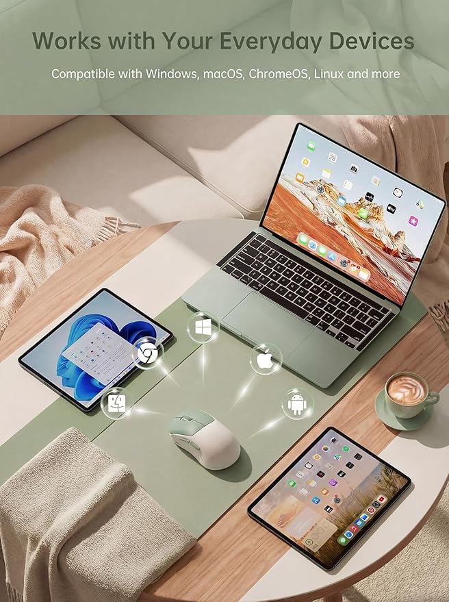 hunart H6 49g Wireless Mouse, Bluetooth & 2.4GHz Rechargeable Mouse, Lightweight Silent Ergonomic Mouse with USB-C Charging, Portable Right-Hand Office Mouse for Laptop, PC, MacBook, Tablet - Green