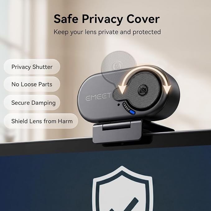 EMEET C100 1080P Webcam for PC, Fixed Focus, 66° FOV, Built-in Mic, Privacy Cover, Portable Metal Clip, Computer Camera for Home Office, Online Learning, Meetings, Streaming, Desktop, Laptop, PC USB-A