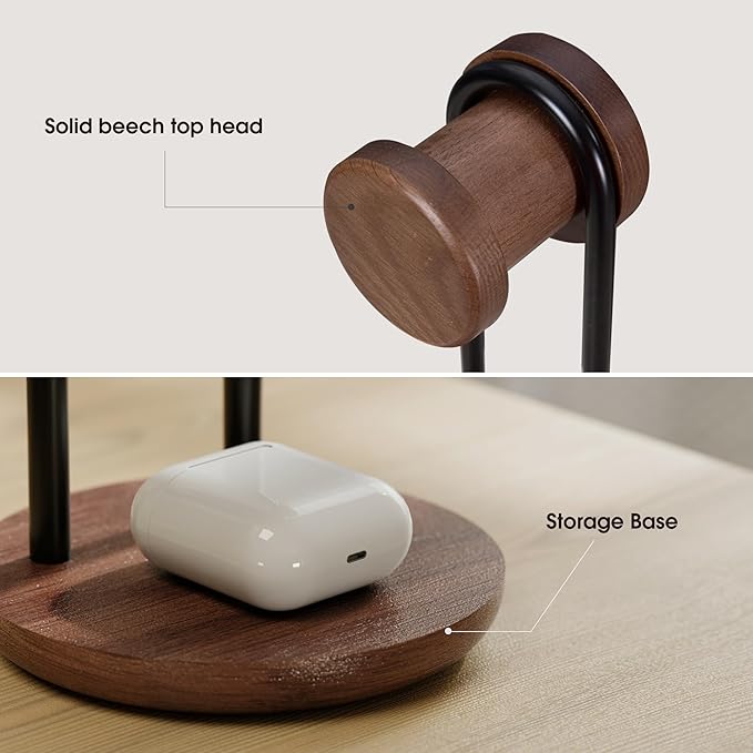 Fenge 11.3" Tall Headphone Stand for Desk, Nature Wood & Metal Headphone Holder with Storage Base, Desktop Headset Stand for Gaming Universal Headphones, Brown