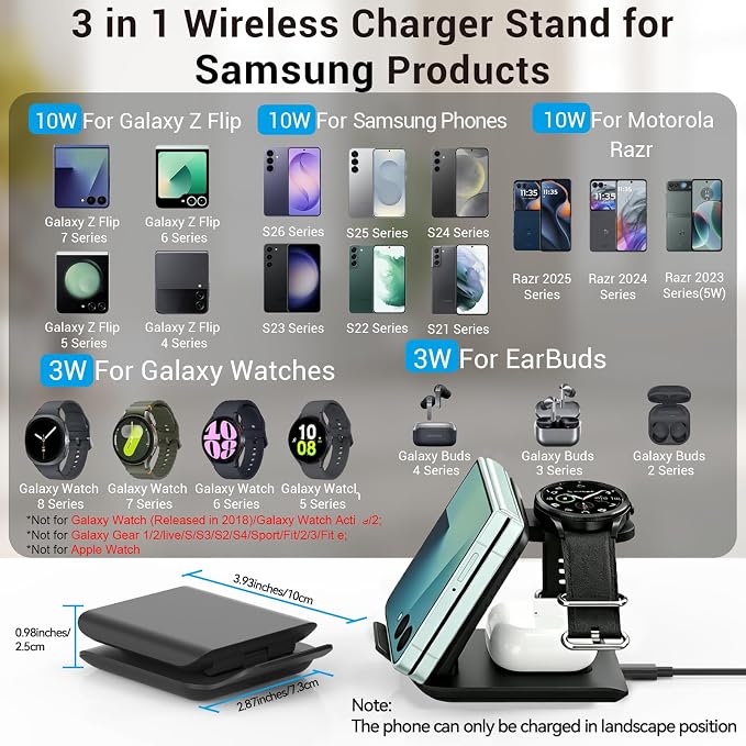 Geyo Wireless Charger for Samsung Galaxy Z Flip 7/6/5/4/3, 3 in 1 Foldable Charging Station for Motorola Razr, Portable Travel Charger for Phone, Galaxy Watch & Buds, Black (PD Adapter Included)