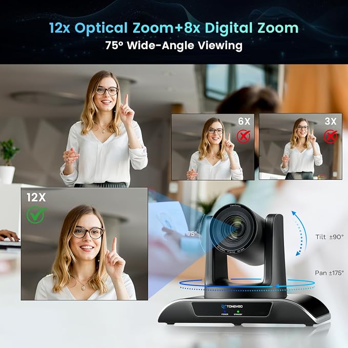 12x Zoom Conference Room Video Camera System, Al Auto-Tracking HD 1080P 60fps 12X Optical Zoom USB3.0 HDMI PTZ Camera 75° FOV and Bluetooth Conference Speaker with Microphones Bundle for Medium Room