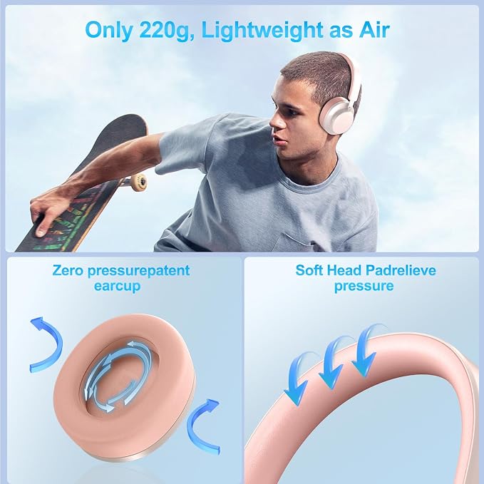 Over Ear Headphones Wireless Bluetooth, Noise Cancelling Headphones Bluetooth with Microphone, Cancelling Wireless Headphones Over Ear, 65h Playtime, Clear Calls, Comfort Fit For Travel (Pink)