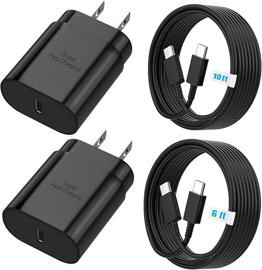 TT&C 25W Charger for Android, Super Fast Charging USB C Block & Type C Charge Cable Cord (6ft & 10ft) Compatible with Samsung Galaxy S26, S25, S24 Plus, S23, S22, & for iPhone 15/16/17-Black 2-Pack