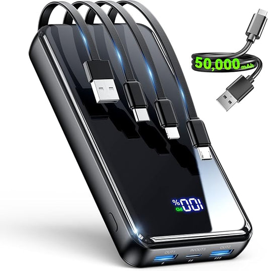 Portable Charger,50000mAh Power Bank Built-in Cable, 22.5W PD USB C In & Out Fast Charging, External Battery Pack with 6 Output & 2 Input, Travel Phone Charger for iPhone 17/16/15/14/13/12(Black)