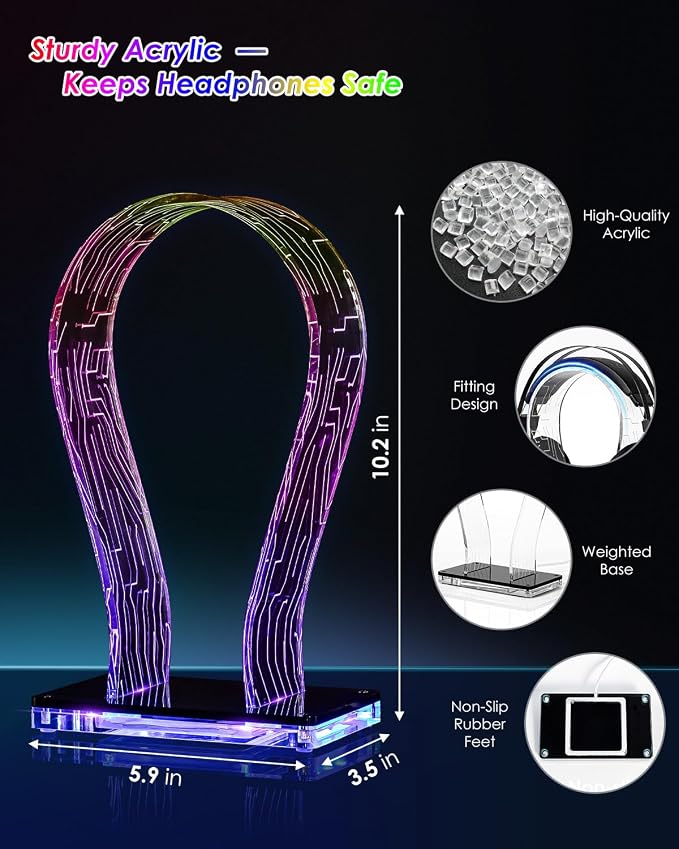 OAPRIRE Acrylic RGB Headphone Stand | Customizable 213 Lighting Modes & 60,000 Colors, Lights Sync with Music Beat, Headset Stand with 4.8ft USB Power Cable & Sturdy Build