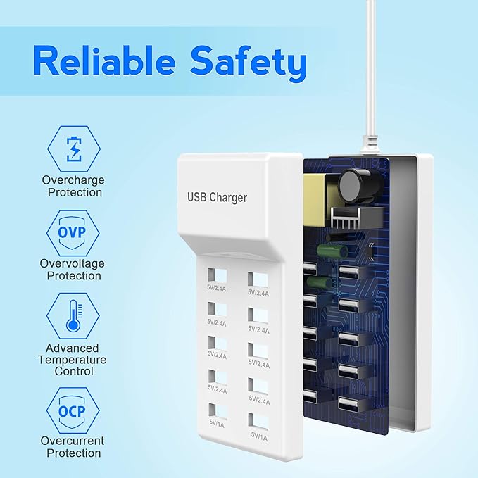 USB Charger USBA Wall Charger with Rapid Charging Auto Detect Technology Safety Guaranteed 10-Port Family-Sized Smart USB-A Ports for Multiple Devices Smart Phone Tablet Laptop Computer