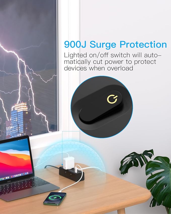 15Ft Extension Cord with Multiple Outlets, Flat Plug Power Strip Surge Protector with 15 Ft Long Cord, 6 Outlet 4 USB Ports (2 USB C), Multi Outlet Wall Plug for College, Dorm Room Essentials(Black)